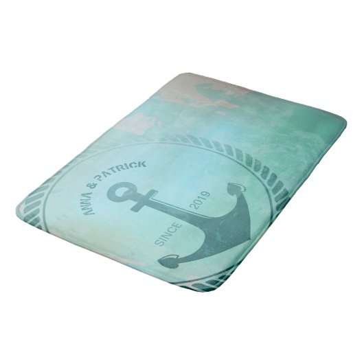 Retro Blauwgroen Anchor Nautical Wedding Custom Badmat (Gekanteld)