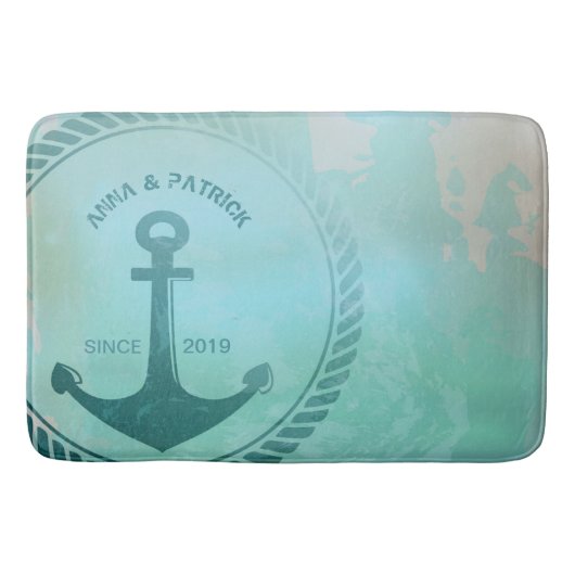  Retro Blauwgroen Anchor Nautical Wedding Custom Badmat (Voorkant)