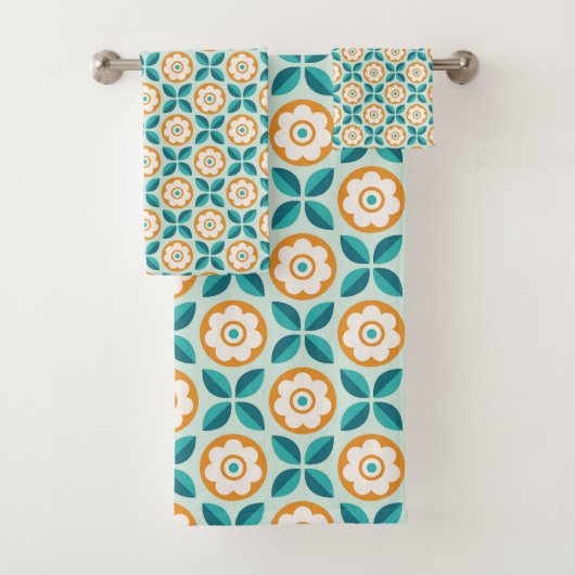 Retro Blauwgroen Aqua Sinaasappel Bloemen Geometri Bad Handdoek (Insitu)