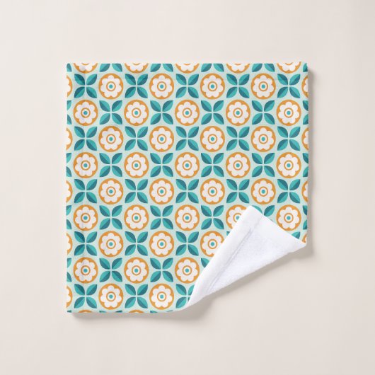 Retro Blauwgroen Aqua Sinaasappel Bloemen Geometri Bad Handdoek (Wasdoekje)