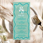 Retro blauwgroen blauwe kromme die golvende bruilo menu<br><div class="desc">Een cool gewaagd trouwmenu met douanenamen met hand geschreven kalligrafie en serif doopvont,  2 namen,  twee stijlen met Retro boho blauwgroen blauwe krommende golvende bruiloft. Alle tekst,  namen en achtergrondkleuren zijn aanpasbaar voor u om uw trouwsuite te mengen en aan te passen.</div>