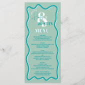 Retro blauwgroen blauwe kromme die golvende bruilo menu (Voorkant)