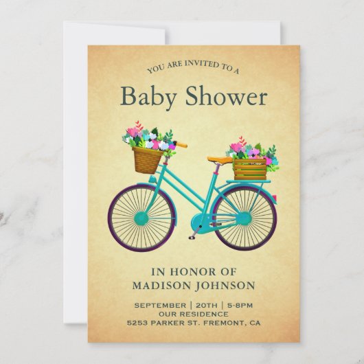  Retro Blauwgroen Bloemen Fiets Baby shower Kaart (Voorkant)