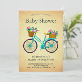  Retro Blauwgroen Bloemen Fiets Baby shower Kaart (Staand voorkant)