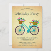 Retro Blauwgroen Bloemenfiets Verjaardagsfeest Kaart (Voorkant)