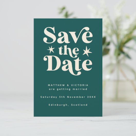 Retro Blauwgroen Boho Simple Save the Date Card (Staand voorkant)