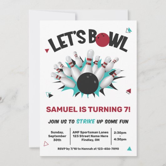 Retro Blauwgroen en Red Bowling Birthday Party Kaart (Voorkant)