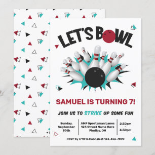 Retro Blauwgroen en Red Bowling Birthday Party Kaart