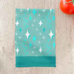 Retro Blauwgroen en White Star Pattern Kitchen Tow Theedoek<br><div class="desc">Een keukenhanddoek met een retro sterpatroon in blauwgroen en wit op een lichte blauwgroen achtergrond en donkere blauwgroen randen.</div>