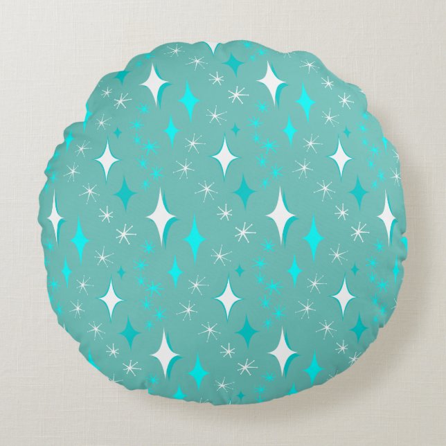 Retro Blauwgroen en White Star Pattern Round Pillo Rond Kussen (Voorkant)
