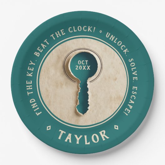 Retro Blauwgroen Escape Room Key Oplossen Treasure Papieren Bordje (Voorkant)