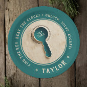 Retro Blauwgroen Escape Room Key Oplossen Treasure Papieren Bordje