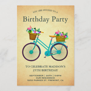 Retro Blauwgroen Floral Bicycle Birthday Party Kaart