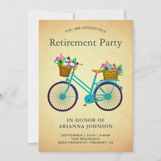  Retro Blauwgroen Floral Bicycle Retirement Party Kaart (Voorkant)