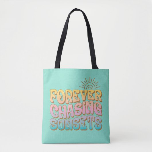 Retro Blauwgroen "Forever Chasing Zonsondergangen" Tote Bag (Voorkant)