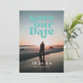 Retro Blauwgroen foto Save The Date (Staand voorkant)