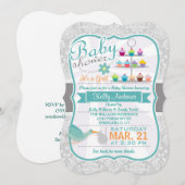 Retro Blauwgroen Ooievaar; Lichtgrijs Damask Baby  Kaart (Voorkant / Achterkant)