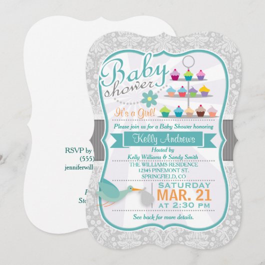 Retro Blauwgroen Ooievaar; Lichtgrijs Damask Baby  Kaart (Voorkant / Achterkant)