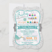 Retro Blauwgroen Ooievaar; Lichtgrijs Damask Baby  Kaart (Voorkant)