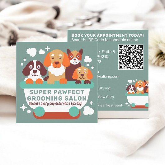 Retro Blauwgroen oranje Honden Grooming Salon Qr c Vierkante Visitekaartje