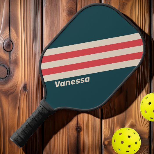 Retro Blauwgroen Vibe Stripes met Naam Pickleball Paddle