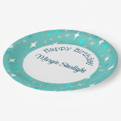 Retro Blauwgroen witte atoomsterren patroon bewerk Papieren Bordje (Gekanteld)