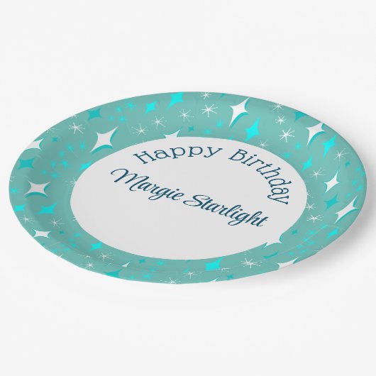 Retro Blauwgroen witte atoomsterren patroon bewerk Papieren Bordje (Gekanteld)