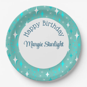 Retro Blauwgroen witte atoomsterren patroon bewerk Papieren Bordje