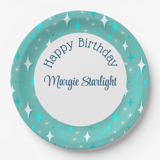 Retro Blauwgroen witte atoomsterren patroon bewerk Papieren Bordje (Voorkant)