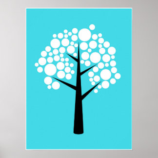 Retro Blauwgroen Witte Bubble Tree Poster
