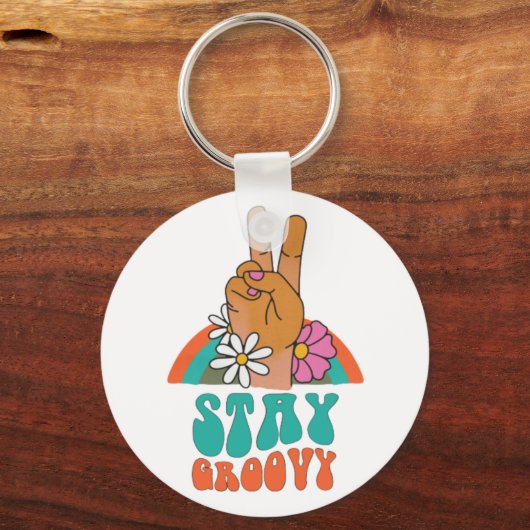 Retro Blijf Groovy Button Sleutelhanger (Voorkant)