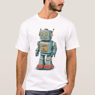 Retro blikken robot — 1950s cartoonech met rode la t-shirt