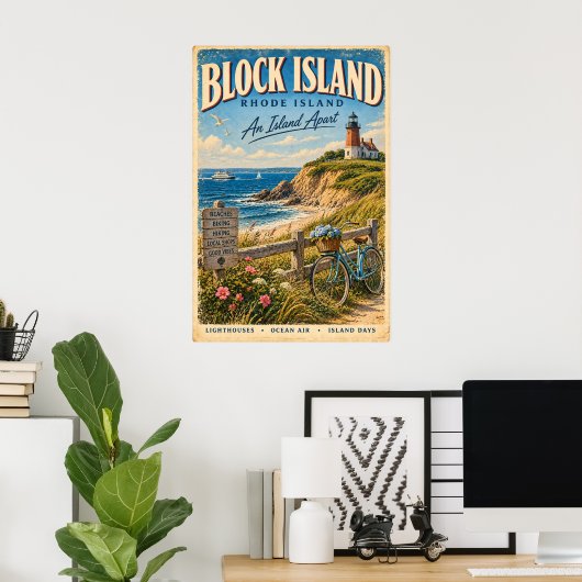 Retro Block Island Rhode Island Reisposter Poster (Thuiskantoor)