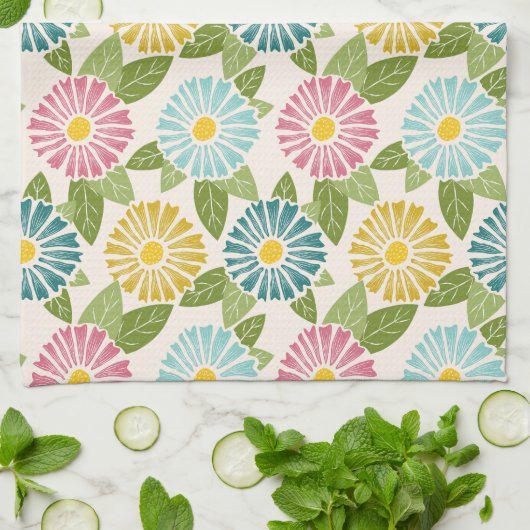 Retro Block Print Daisies Theedoek (Gevouwen)