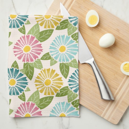 Retro Block Print Daisies Theedoek (Quarter Fold)