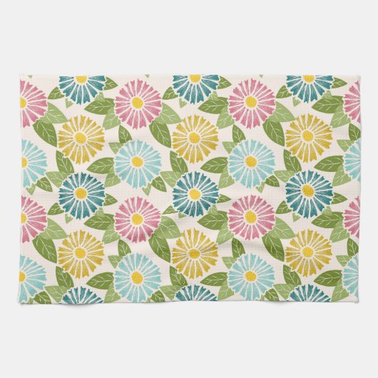 Retro Block Print Daisies Theedoek (Horizontaal)