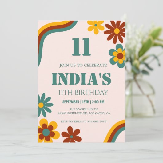 Retro Bloem 11e Verjaardag Kaart (Staand voorkant)