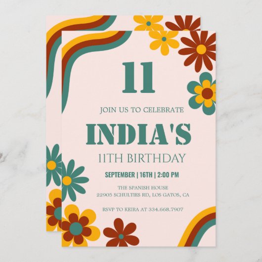 Retro Bloem 11e Verjaardag Kaart (Voorkant / Achterkant)