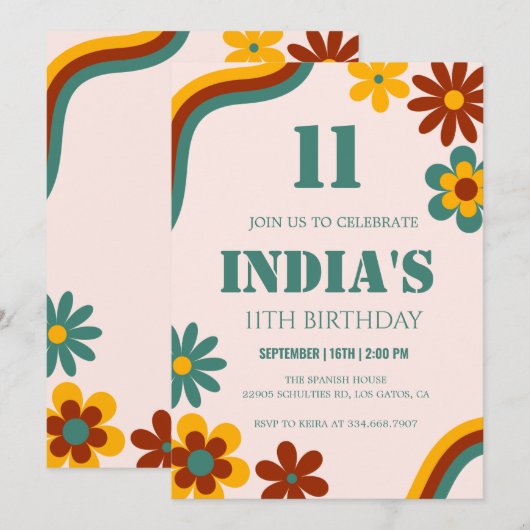 Retro Bloem 11e Verjaardag Kaart (Voorkant / Achterkant)