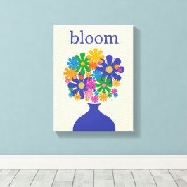 Retro bloem bloeiende kleurrijke bloemen in vaas canvas afdruk
