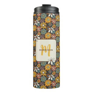 Retro Bloem Bruin Goud Turquoise Persoonlijk  Thermosbeker
