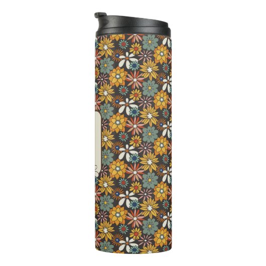 Retro Bloem Bruin Goud Turquoise Persoonlijk Thermosbeker (Geroteerd rechts)