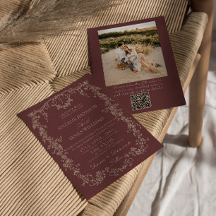 Retro Bloem Burgundy Hakken Foto QR Code Huwelijk Kaart