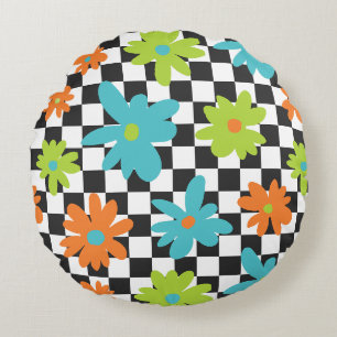 Retro Bloem Checkerboard Rasterpatroon Rond Kussen