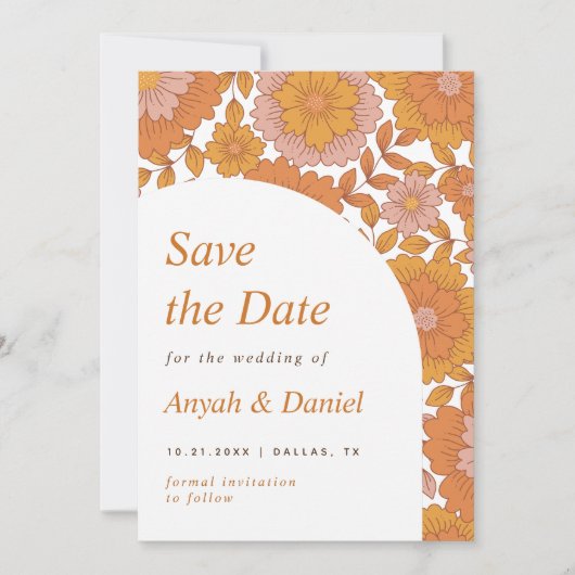 Retro bloem eenvoudig minimalistisch 60s 70s Boho Save The Date (Voorkant)