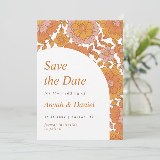 Retro bloem eenvoudig minimalistisch 60s 70s Boho Save The Date (Staand voorkant)