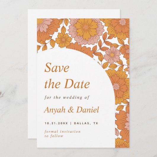 Retro bloem eenvoudig minimalistisch 60s 70s Boho Save The Date (Voorkant / Achterkant)