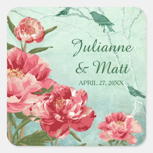 Retro Bloem Favor Seals Chintz Pioenrozen Vierkante Sticker (Voorkant)