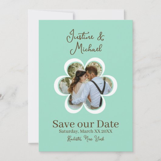 Retro Bloem Foto Teal Bruiloft Save the Date Kaart (Voorkant)