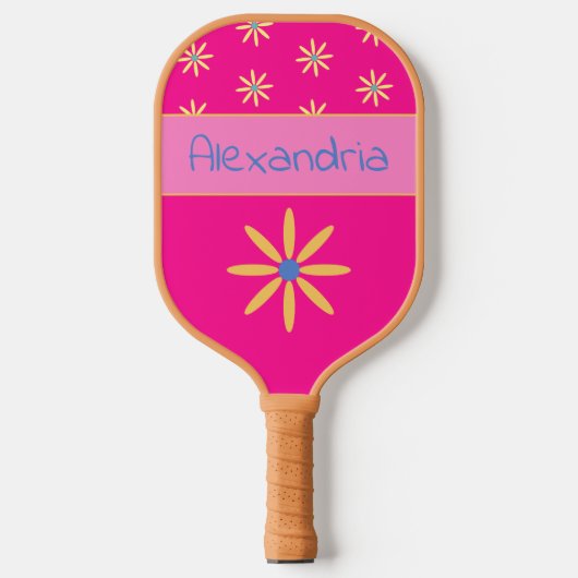 Retro Bloem Gepersonaliseerde Naam Hot Pink Pickleball Paddle (Voorkant)